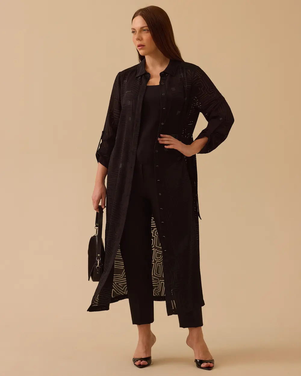 Büyük Beden Taş Detaylı Desenli Uzun Tunik