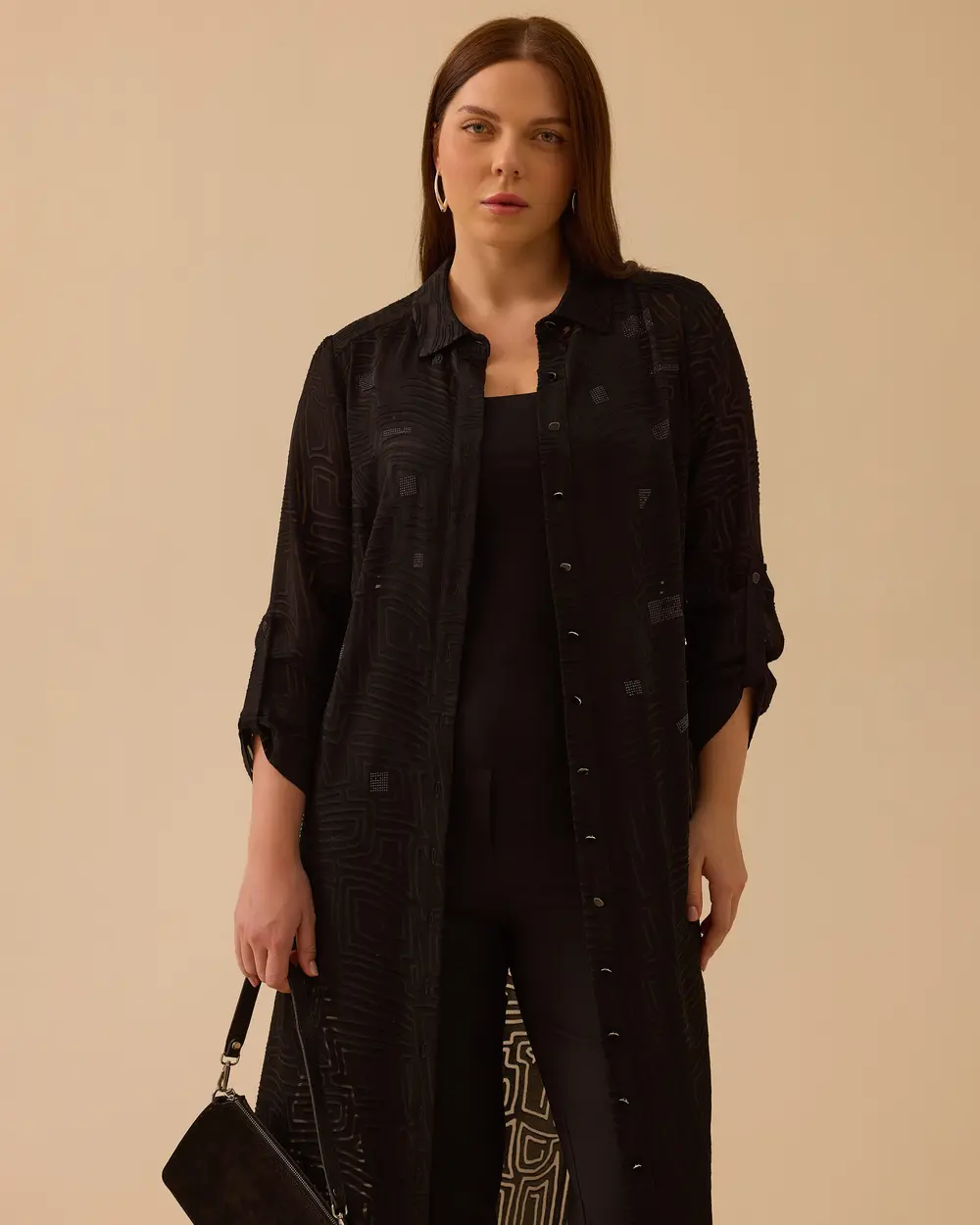 Büyük Beden Taş Detaylı Desenli Uzun Tunik