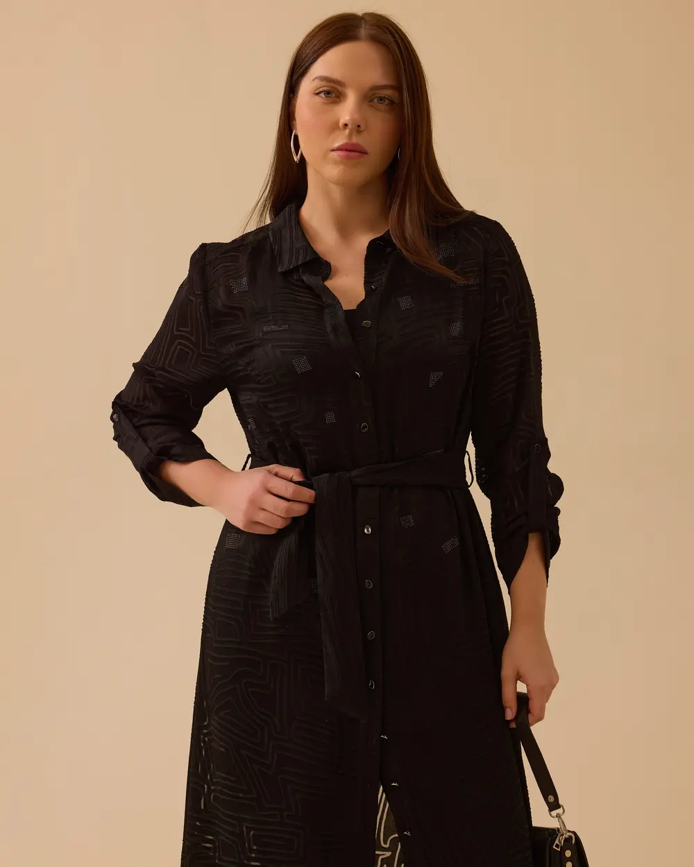 Büyük Beden Taş Detaylı Desenli Uzun Tunik