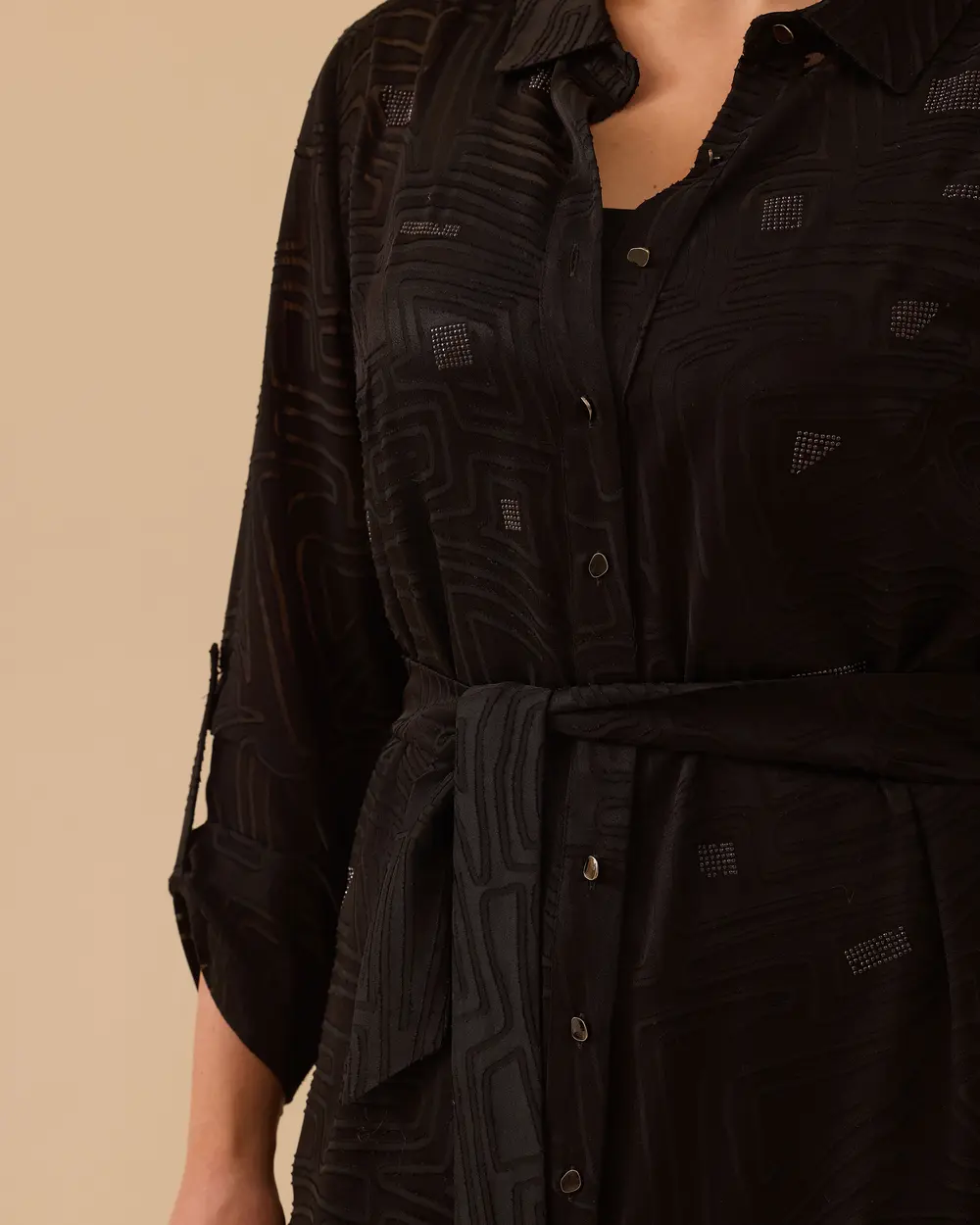 Büyük Beden Taş Detaylı Desenli Uzun Tunik