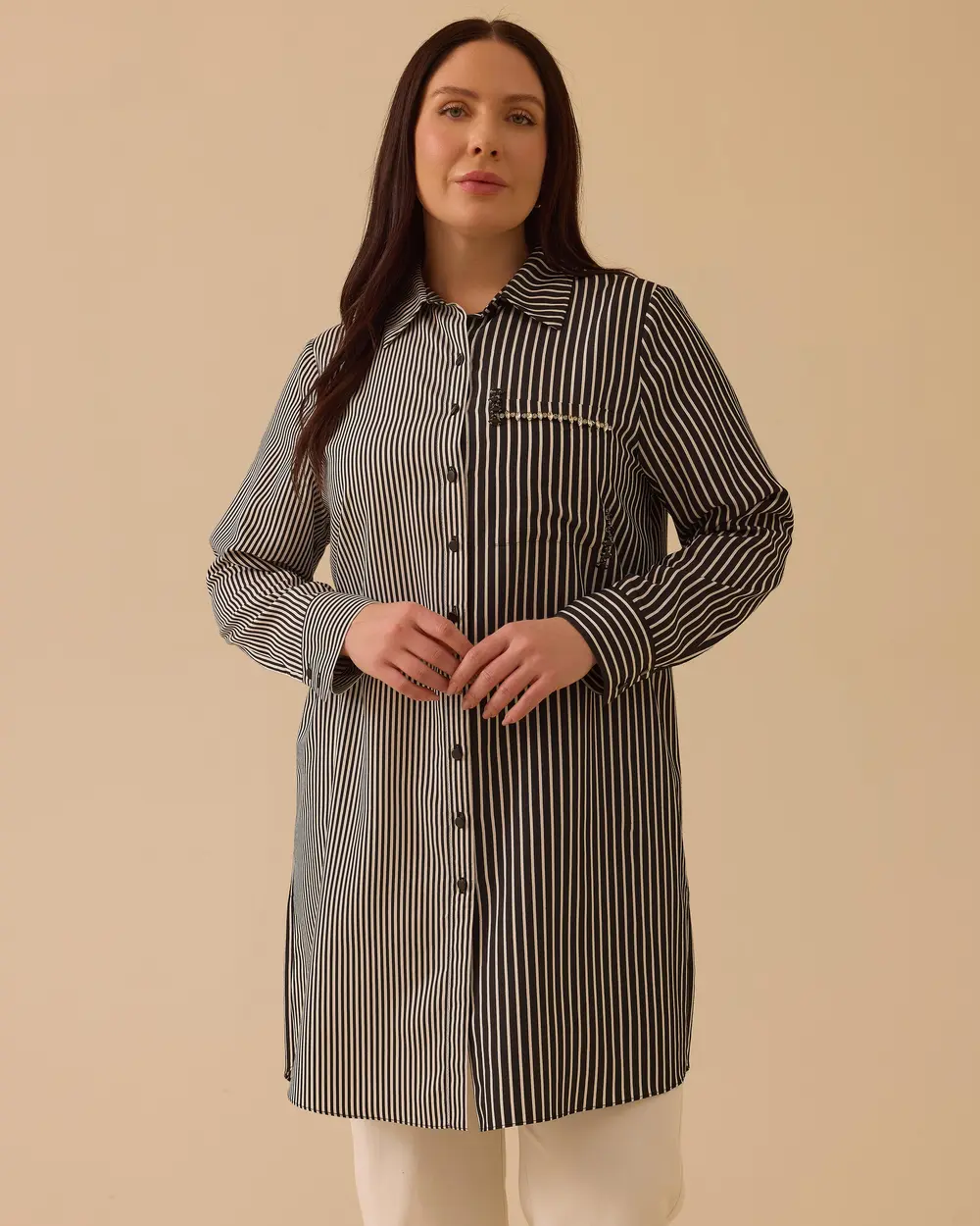 Büyük Beden Çizgili Taş Detaylı Tunik