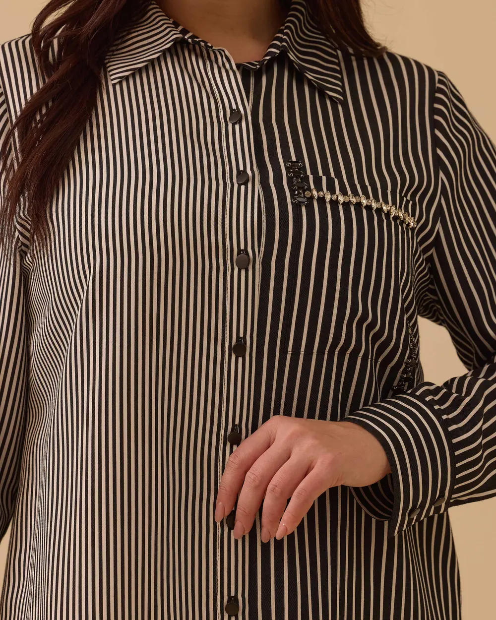 Büyük Beden Çizgili Taş Detaylı Tunik