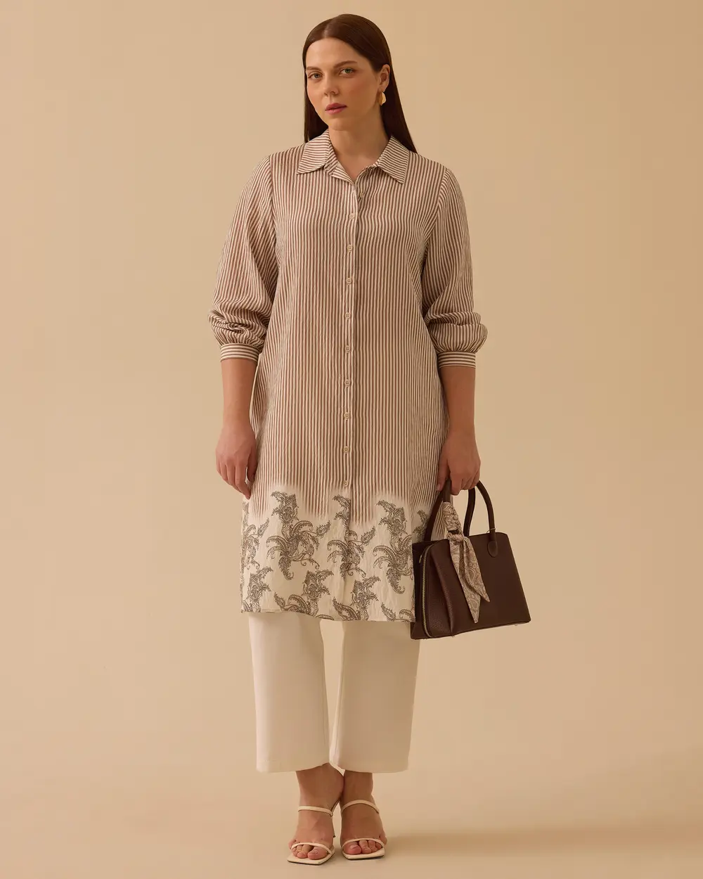 Büyük Beden Etek Ucu Desenli Çizgili Tunik