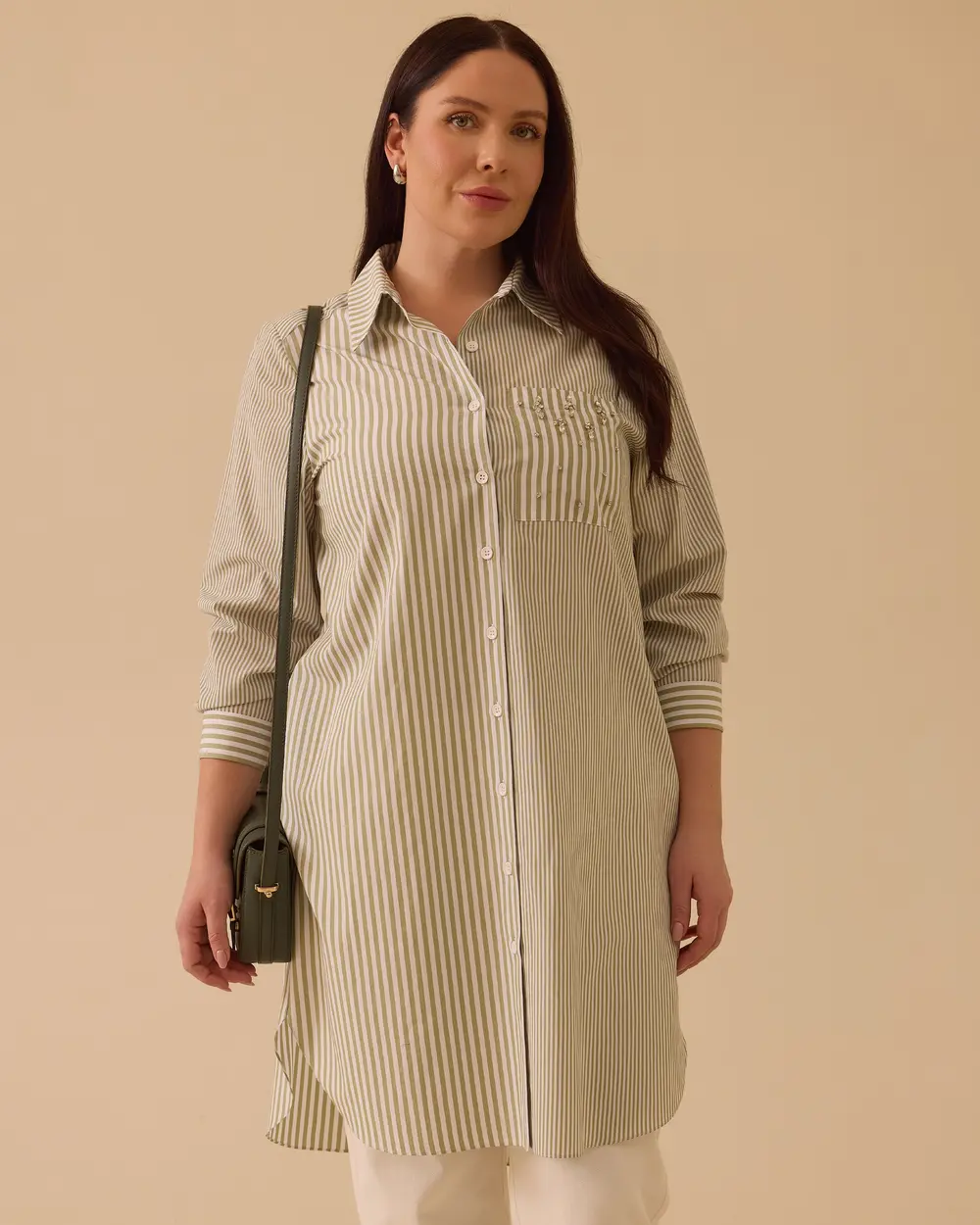 Büyük Beden Çizgili Cep Detaylı Tunik