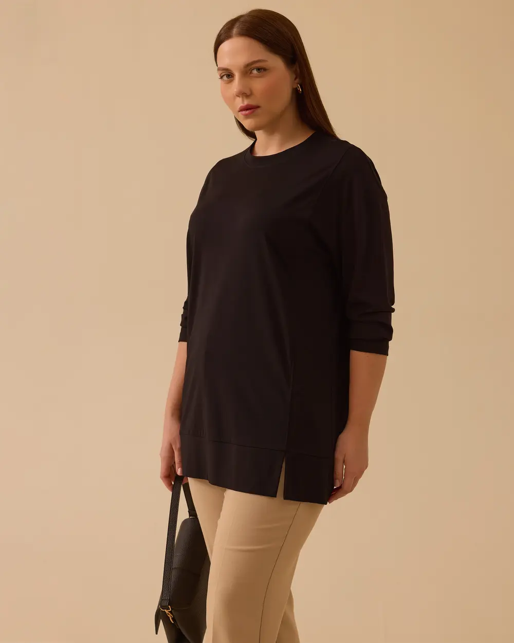 Büyük Beden Yırtmaç Detaylı Basic Tunik