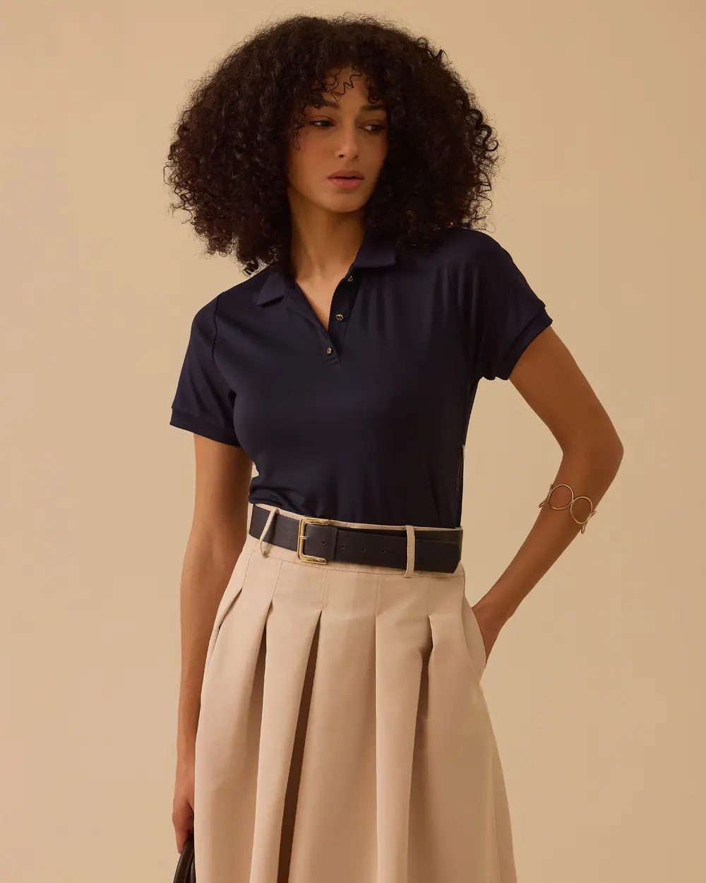 Polo Yaka Çift Parça Görünümlü Pileli Elbise