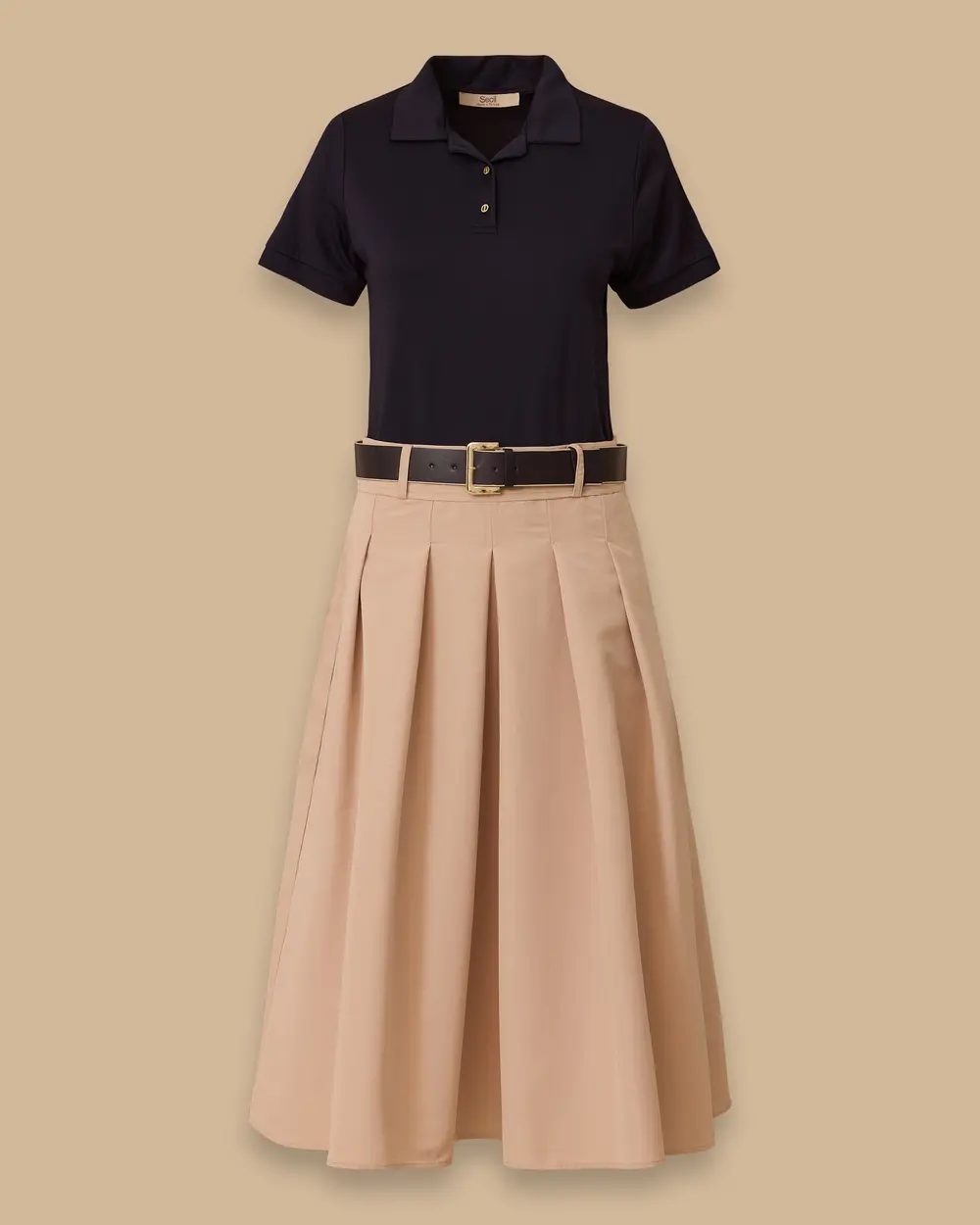 Polo Yaka Çift Parça Görünümlü Pileli Elbise