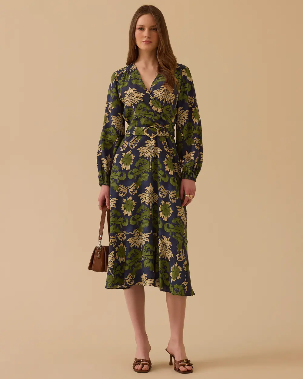 Desenli Kemerli Kruvaze Elbise