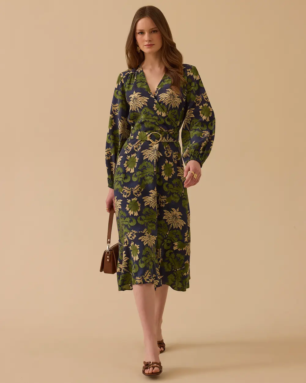 Desenli Kemerli Kruvaze Elbise