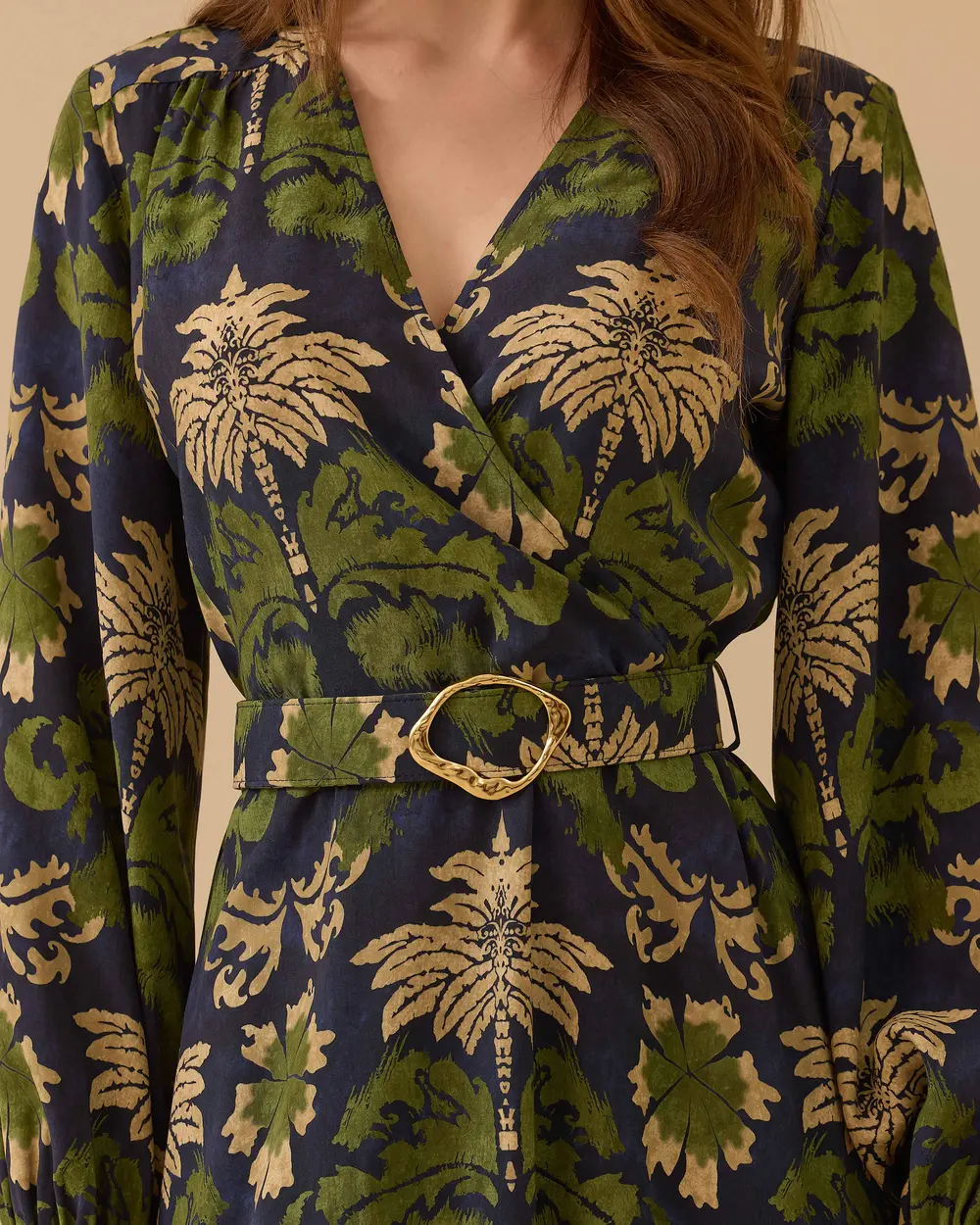 Desenli Kemerli Kruvaze Elbise