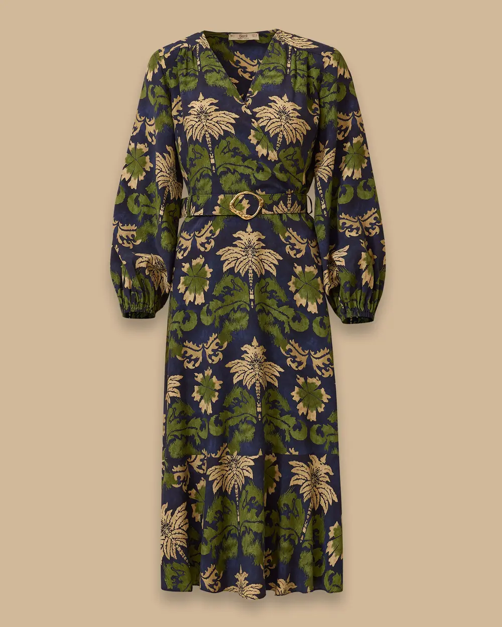 Desenli Kemerli Kruvaze Elbise