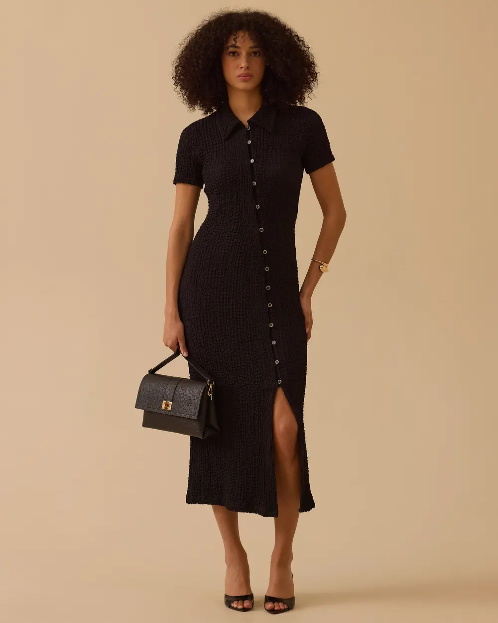 Düğmeli Dar Form Gofre Elbise