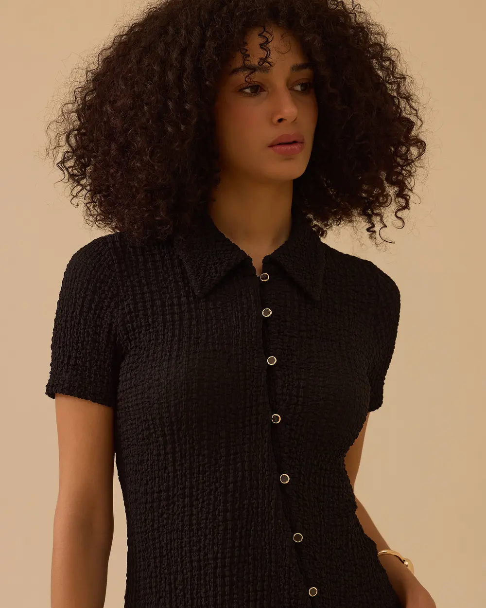 Düğmeli Dar Form Gofre Elbise