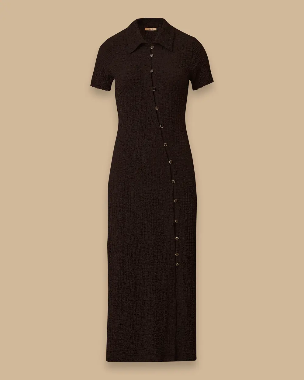 Buttoned Narrow Form Seersucker Dress