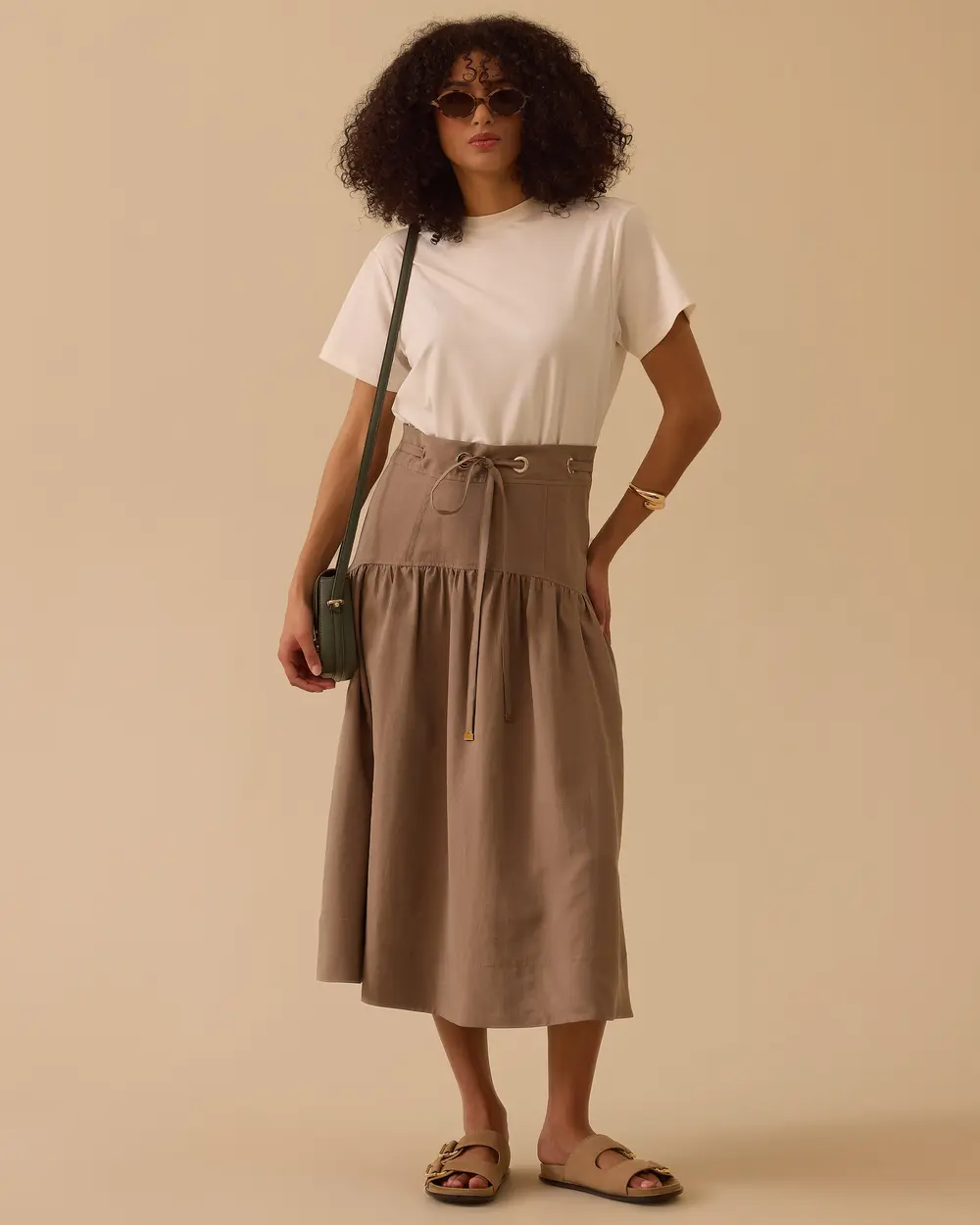 Çift Kumaşlı Bel Bağcıklı Elbise