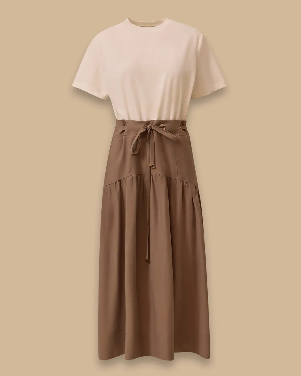 Çift Kumaşlı Bel Bağcıklı Elbise