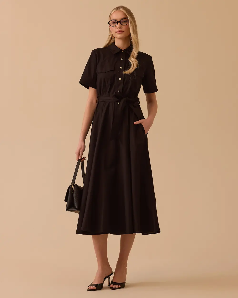 Kuşaklı Cepli Kısa Kollu Elbise