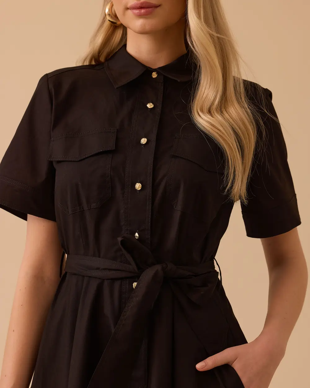 Kuşaklı Cepli Kısa Kollu Elbise