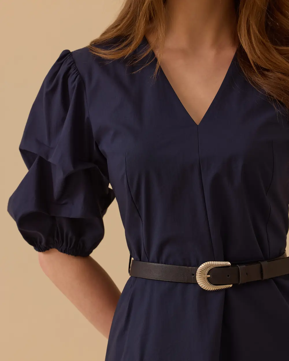 V Yaka Balon Kol Mini Elbise