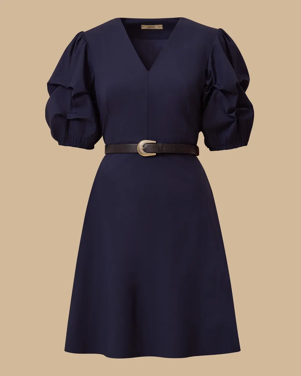 V Yaka Balon Kol Mini Elbise