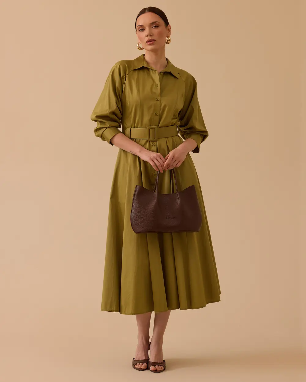 Belted Sleeve Shirred Dress