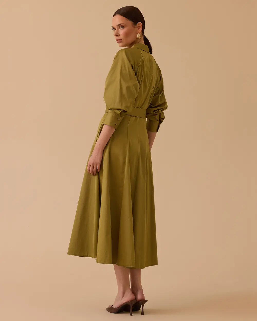 Belted Sleeve Shirred Dress