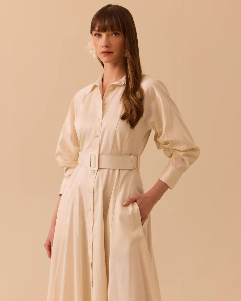 Belted Sleeve Shirred Dress