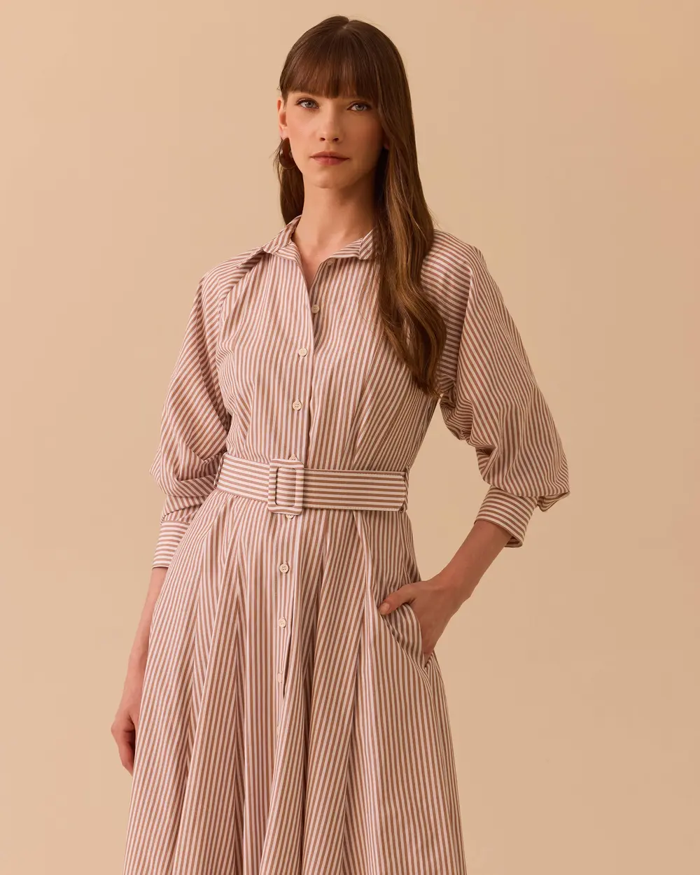 Belted Sleeve Shirred Dress