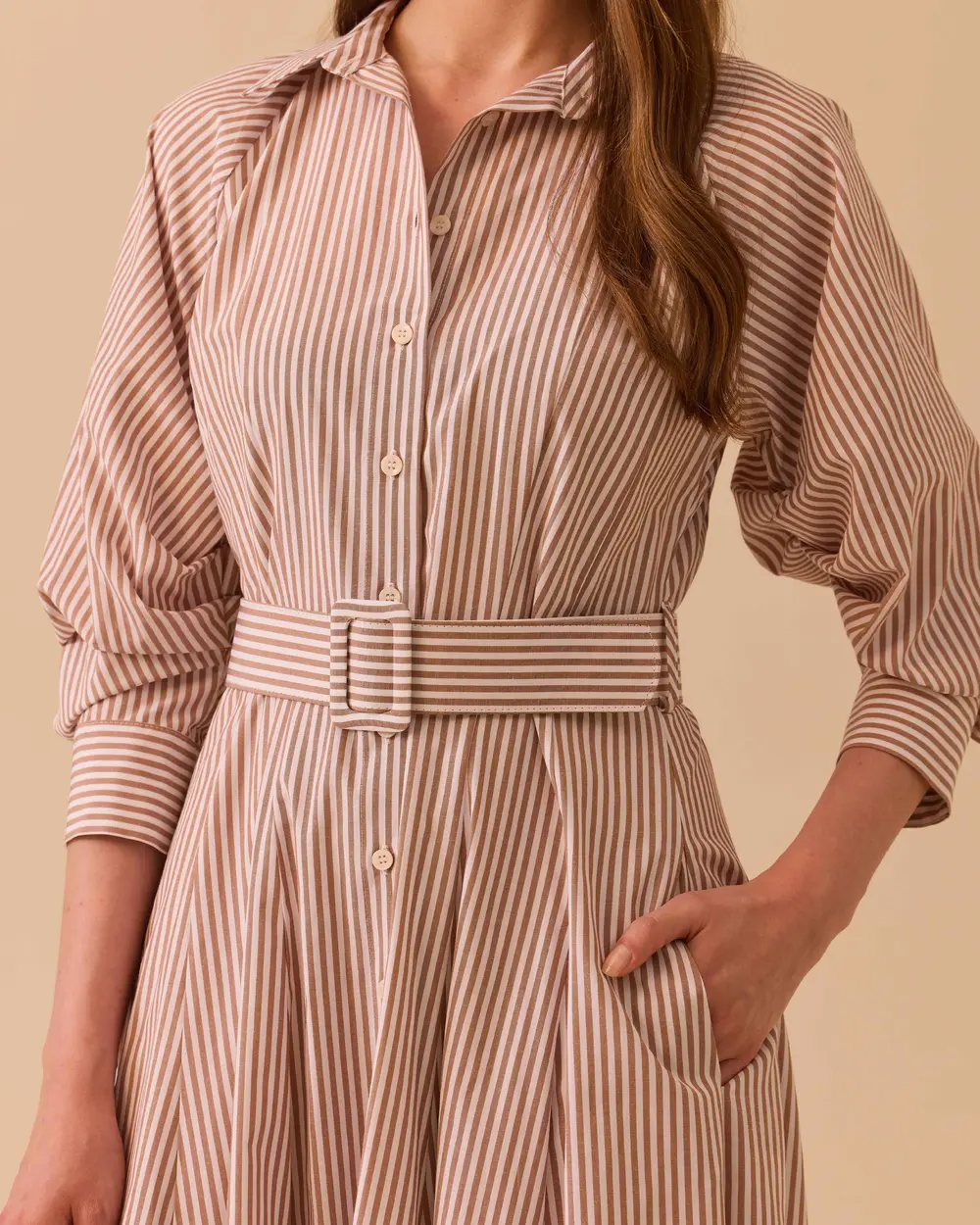 Belted Sleeve Shirred Dress