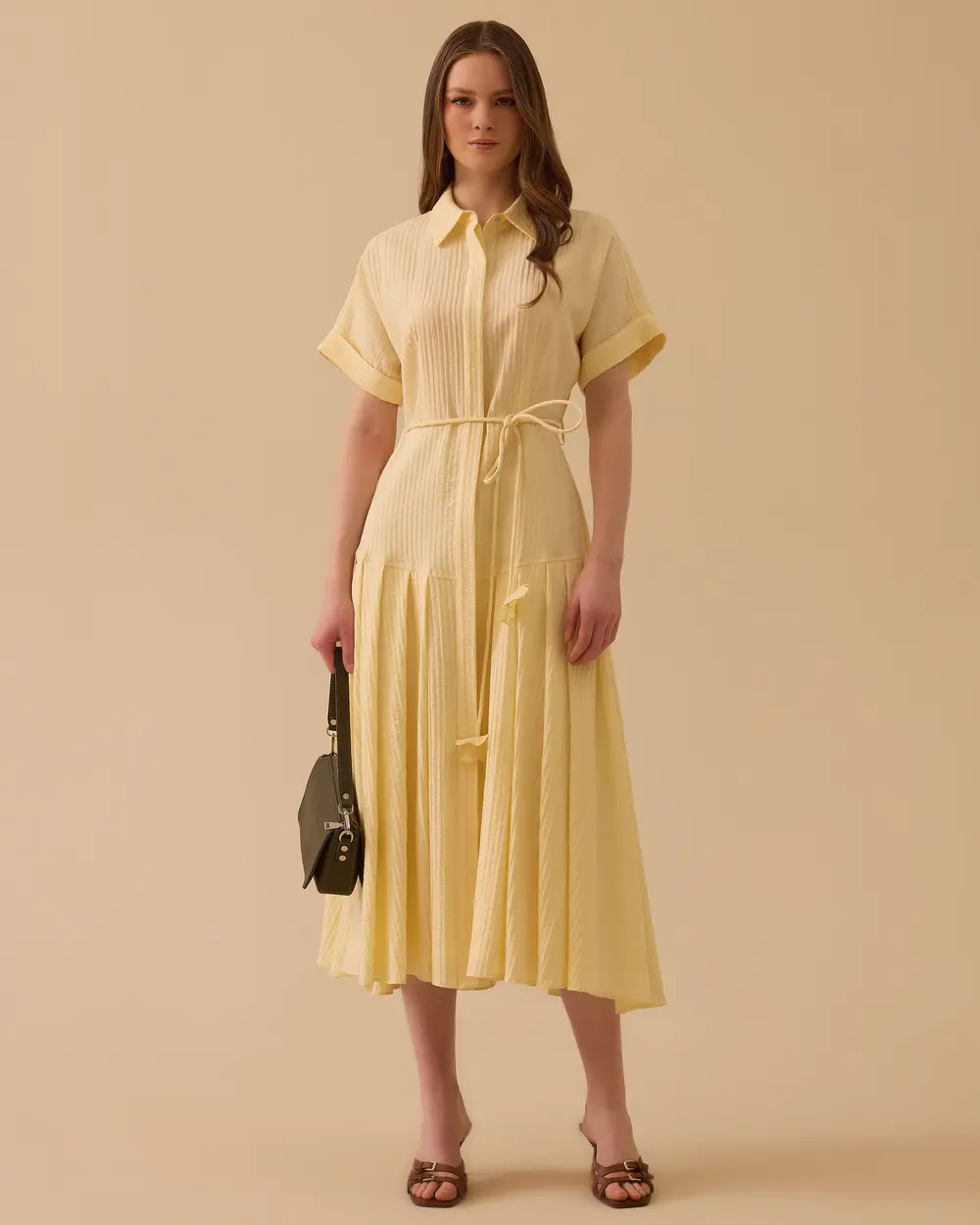 Striped Pleated Belted Dress