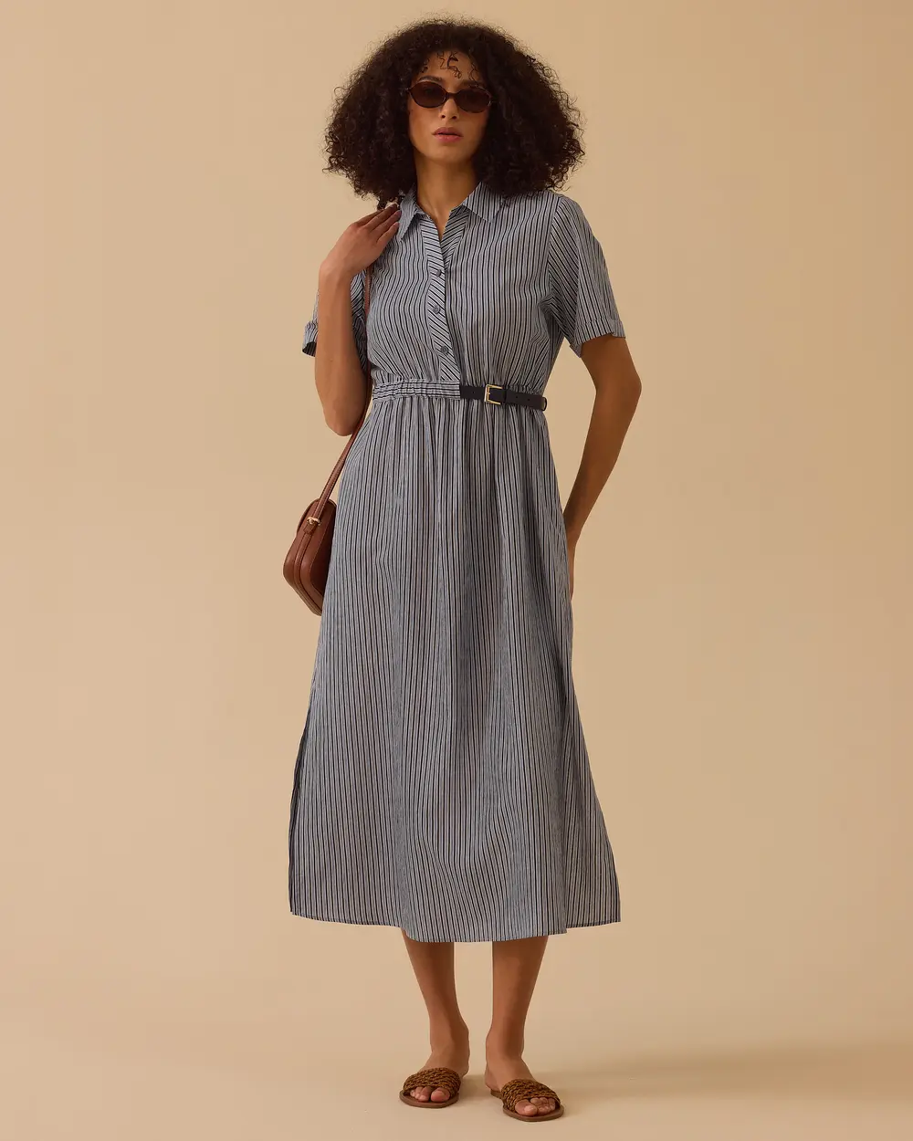 Kemerli Gömlek Yaka Koton Elbise