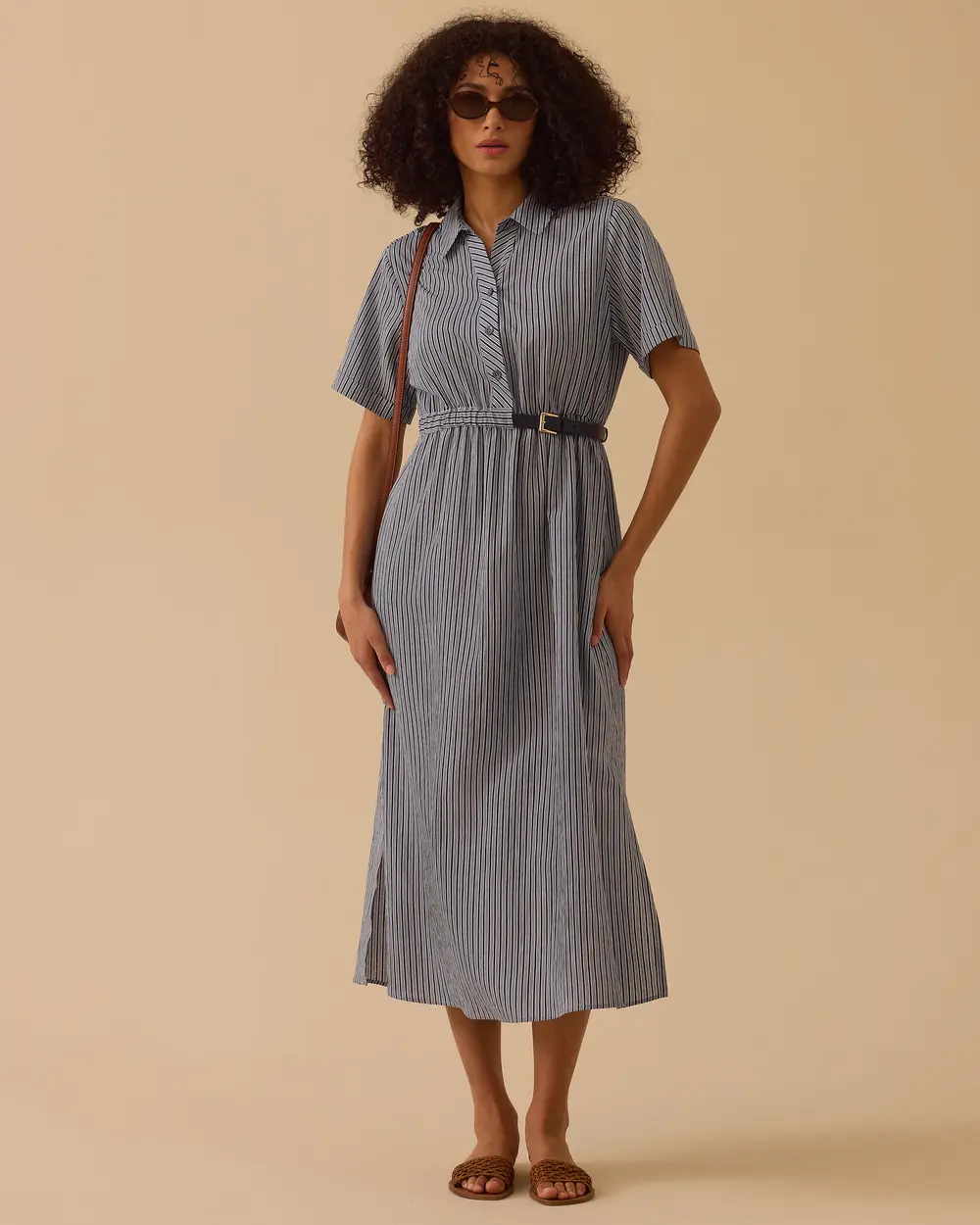 Kemerli Gömlek Yaka Koton Elbise