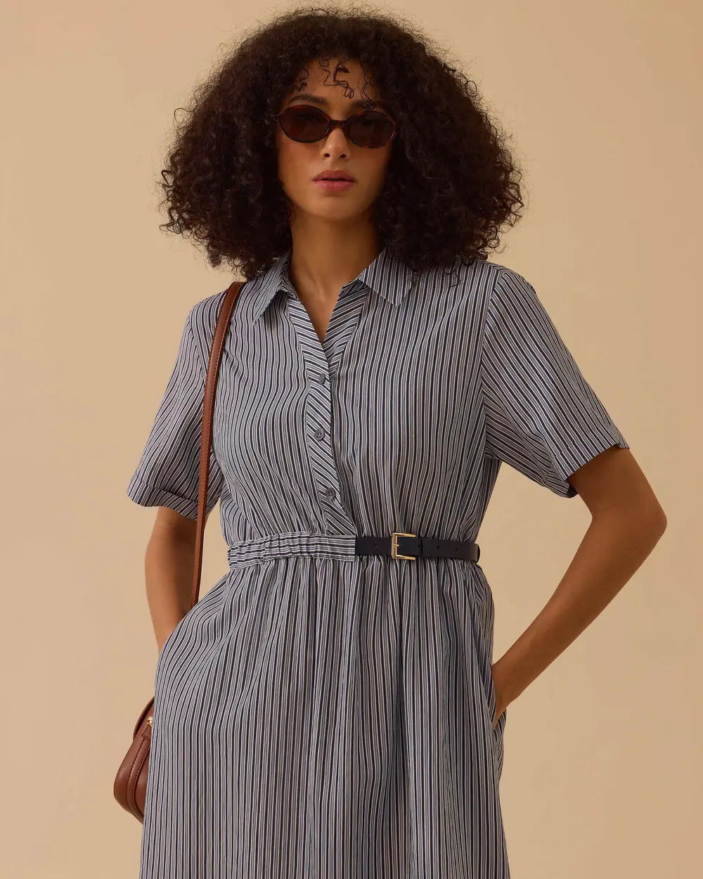 Kemerli Gömlek Yaka Koton Elbise