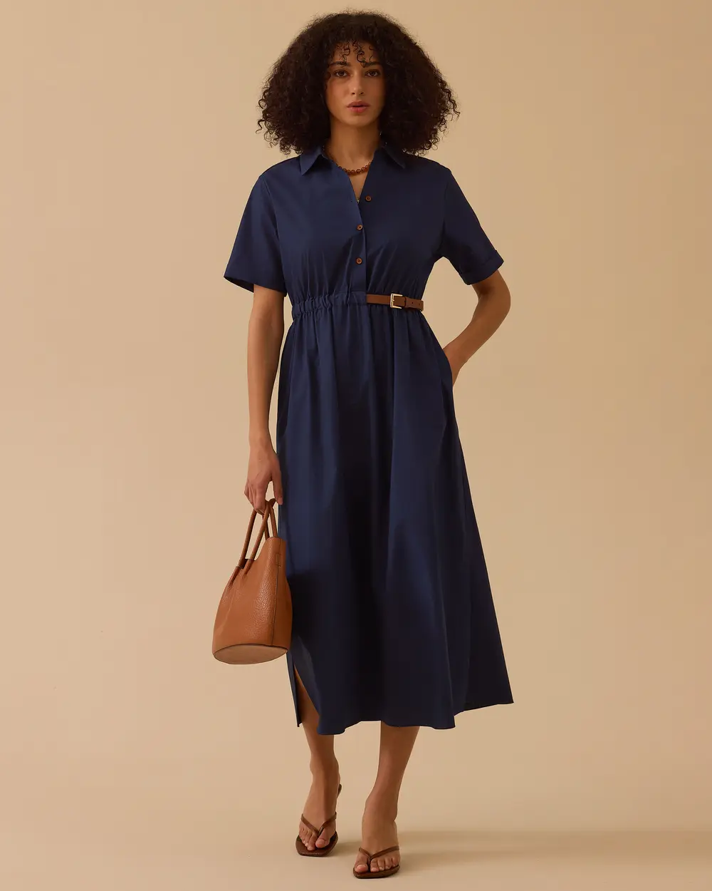 Kemerli Gömlek Yaka Koton Elbise