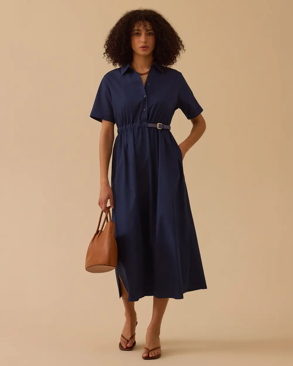 Kemerli Gömlek Yaka Koton Elbise