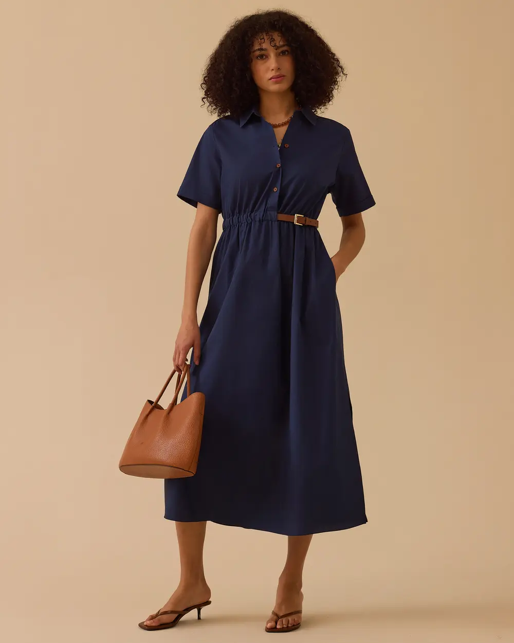 Kemerli Gömlek Yaka Koton Elbise