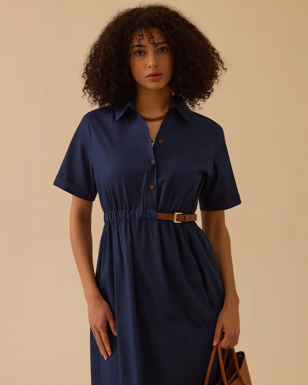 Kemerli Gömlek Yaka Koton Elbise