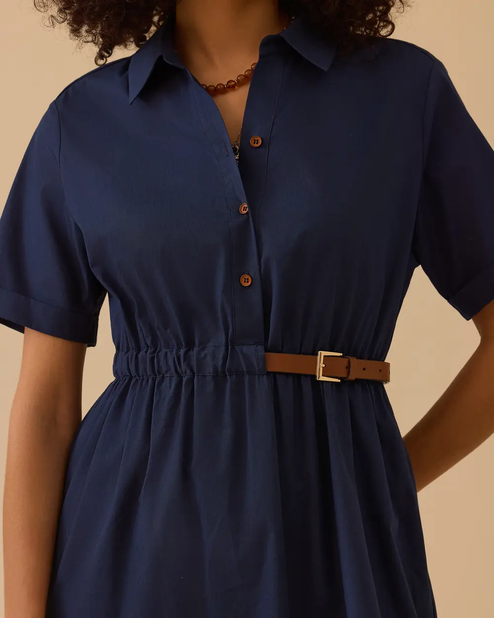 Kemerli Gömlek Yaka Koton Elbise