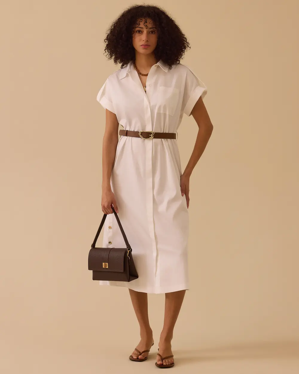 Shirt Collar Belted Cotton Dress