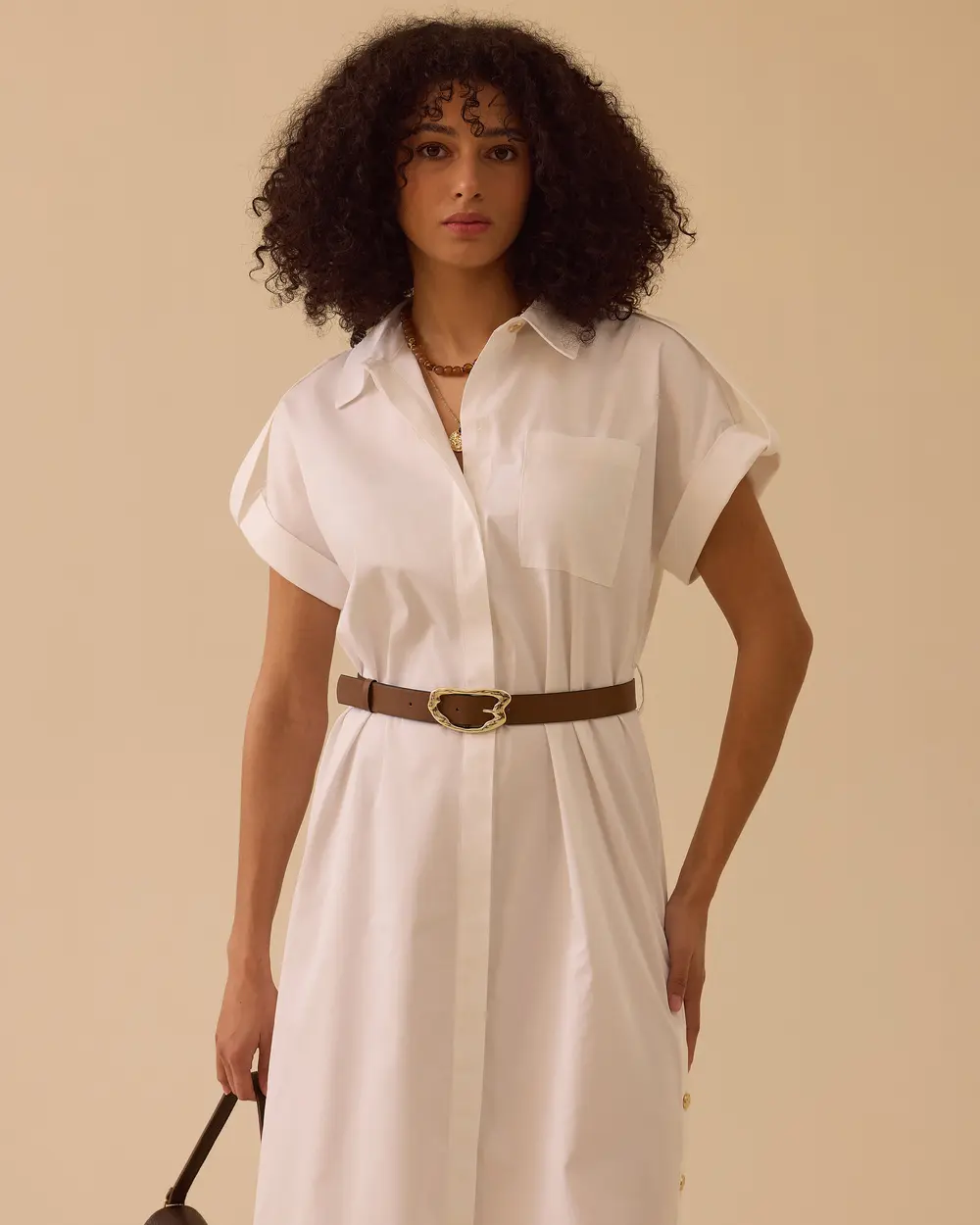 Shirt Collar Belted Cotton Dress
