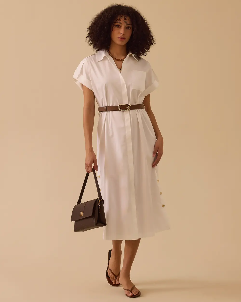 Shirt Collar Belted Cotton Dress