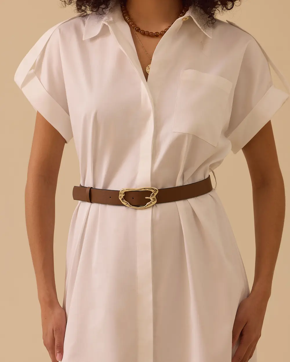Shirt Collar Belted Cotton Dress