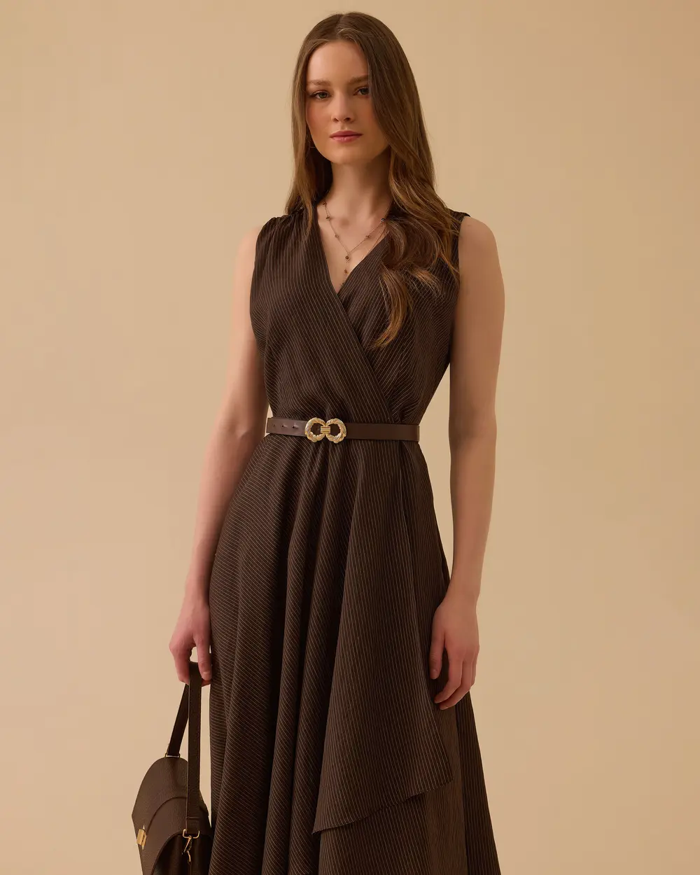 Arched, Cross-Over, Pleated Midi Dress