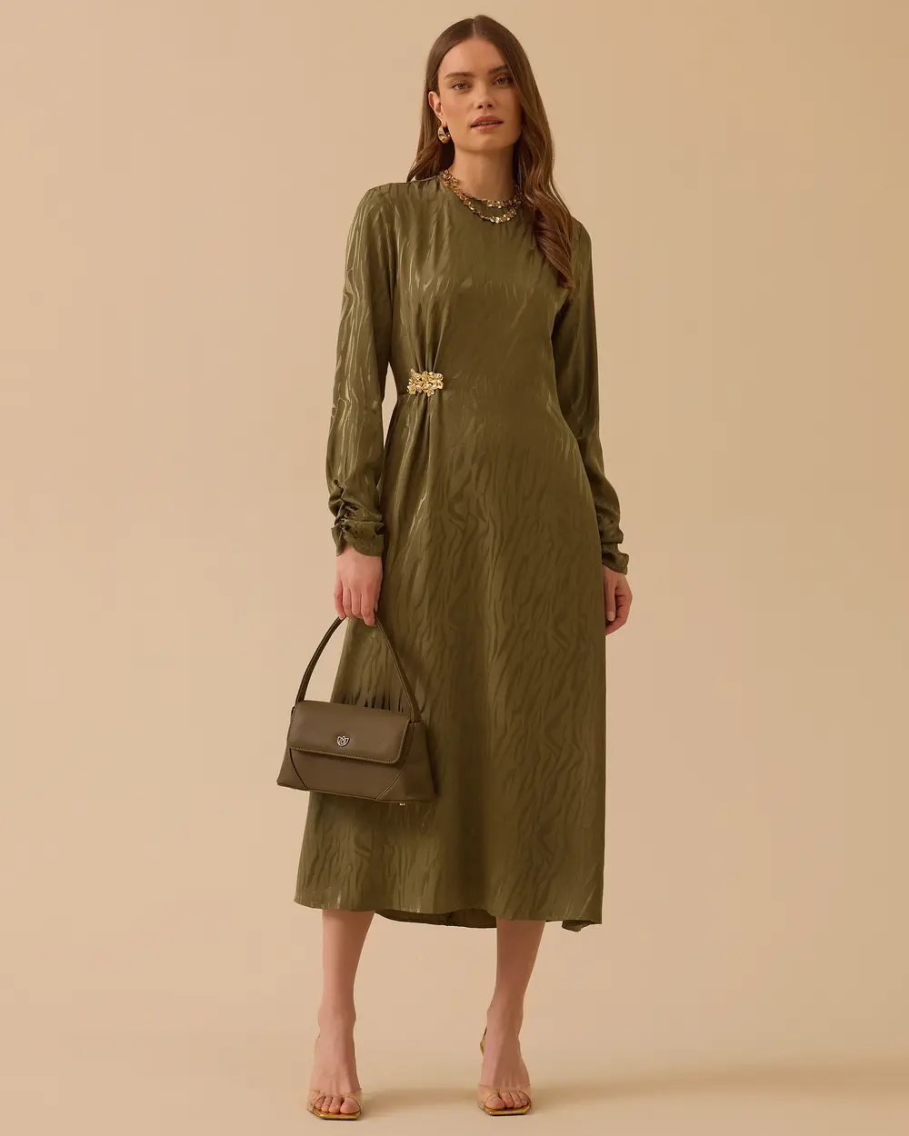 Aksesuarlı Desenli Jakar Elbise