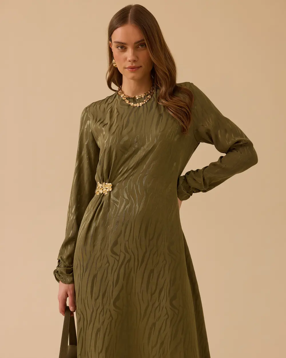 Aksesuarlı Desenli Jakar Elbise