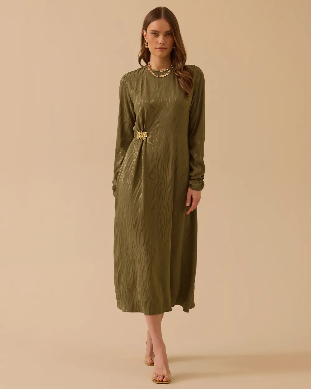 Aksesuarlı Desenli Jakar Elbise