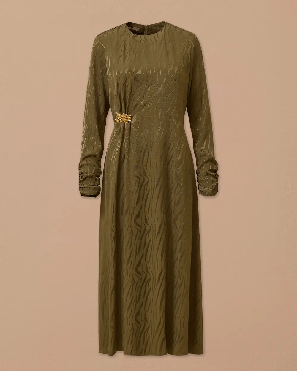 Aksesuarlı Desenli Jakar Elbise