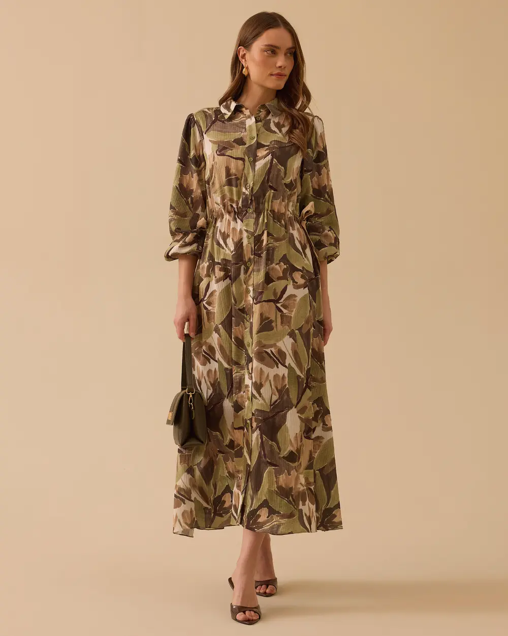 Çiçek Desenli Bel Büzgülü Elbise