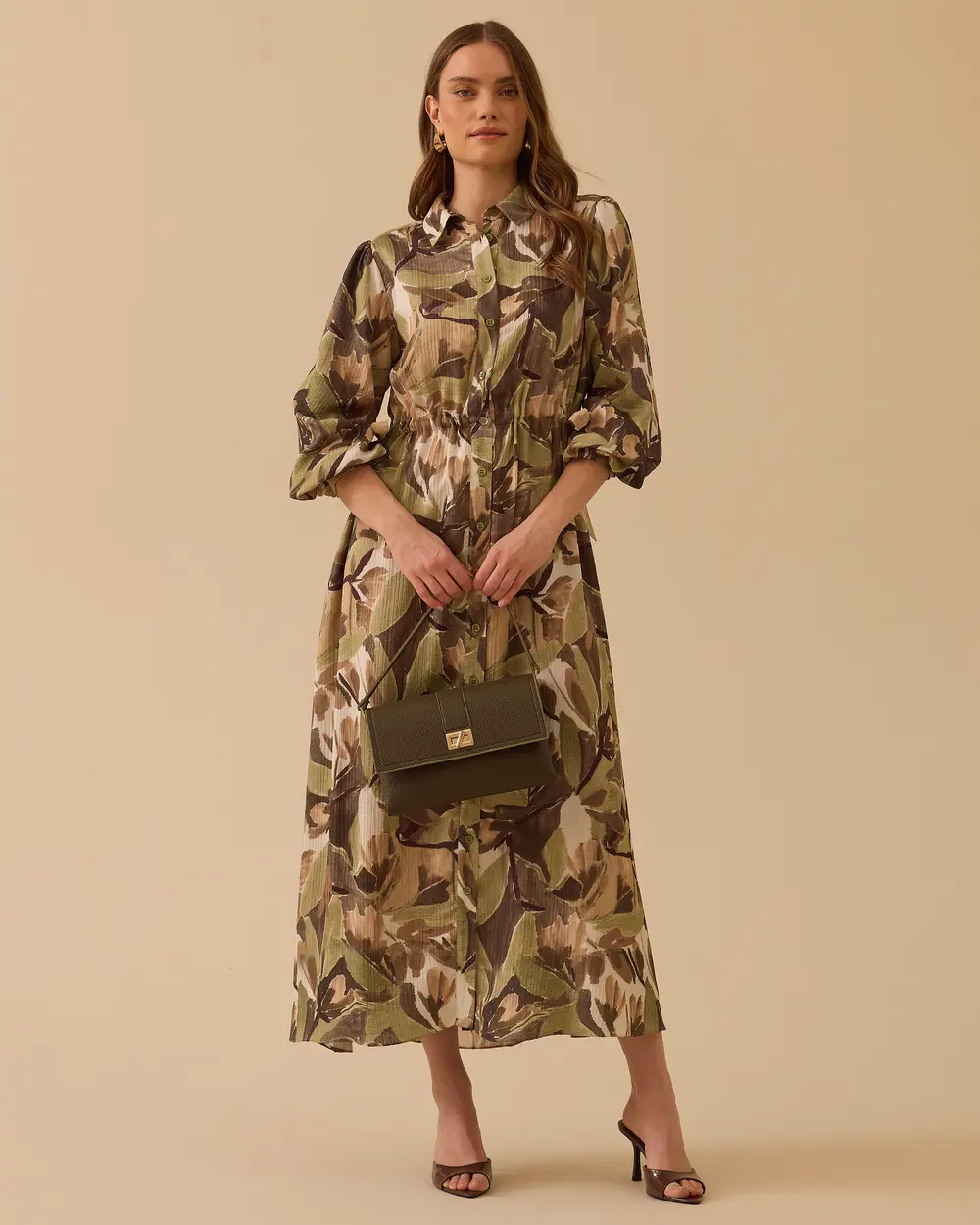 Çiçek Desenli Bel Büzgülü Elbise