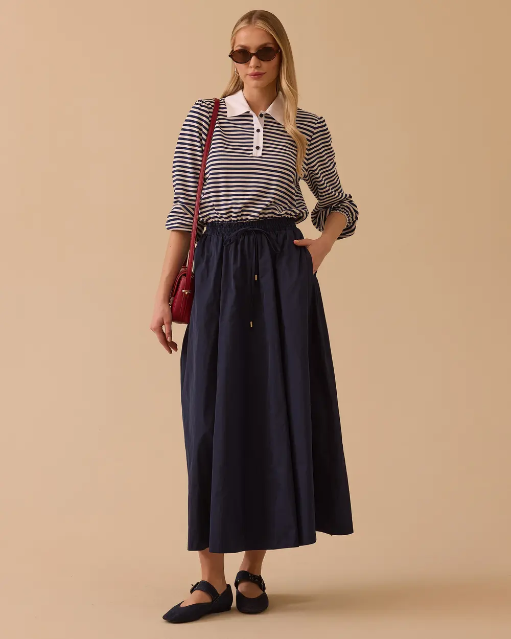 Çift Parça Görünümlü Bel Bağcıklı Maksi Elbise